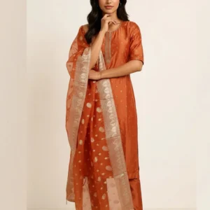 Women's Orange Embroidered Tissue Straight Cut Kurti