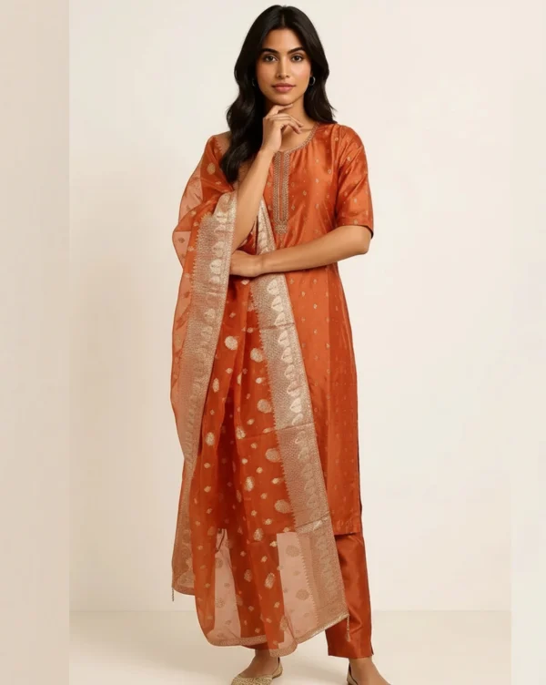 Women's Orange Embroidered Tissue Straight Cut Kurti