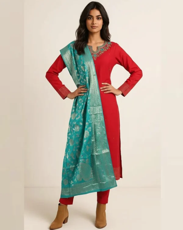 Women's Red Green Embroidered Silk Straight Cut Kurti