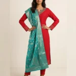 Women's Red Green Embroidered Silk Straight Cut Kurti
