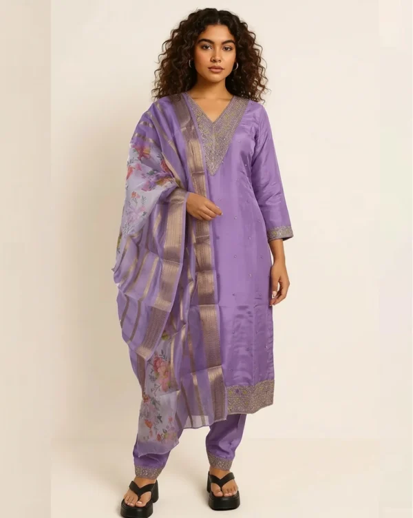 Women's Light Lavender Embroidered Malai Silk Straight Cut Kurti
