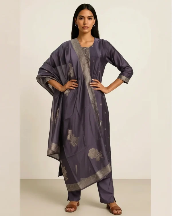 Women's Lavender Embroidered Malai Silk Straight Cut Kurti