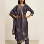 Women's Lavender Embroidered Malai Silk Straight Cut Kurti