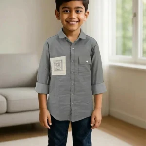 Boy's Premium Cotton Collar Neck Shirt Grey Full Sleeve