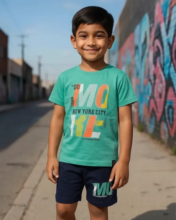 Boys Green & Navy Blue T-Shirt & Half Pant Shorts Set