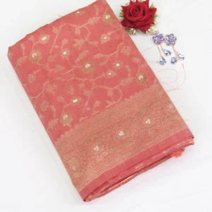 Semi Raw Silk Saree Orange with Cream