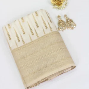 Semi Raw Silk Saree White with Gold