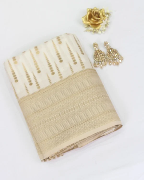 Semi Raw Silk Saree White with Gold