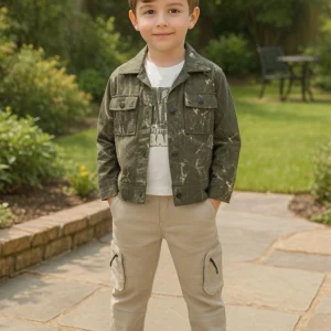 Boys 3 Piece Full Suit Off White And Olive Green With Beige