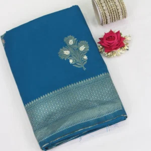 Semi Raw Silk Saree Peacock Blue with Silver