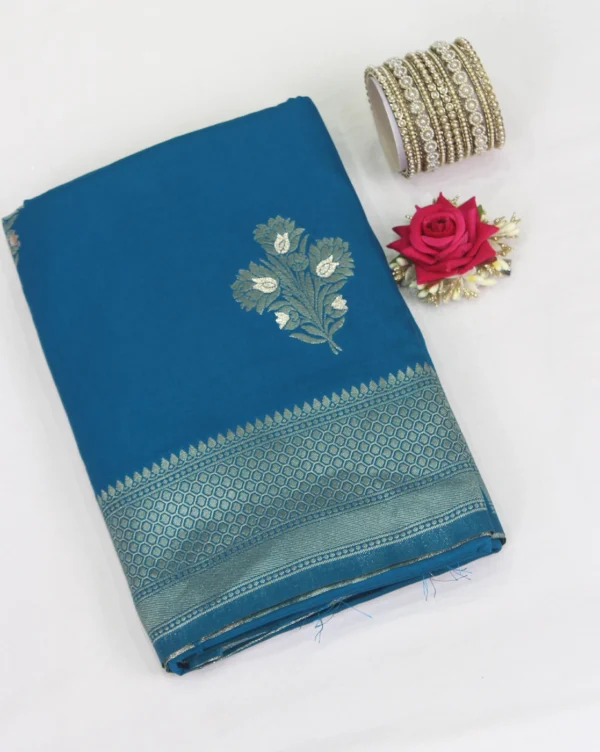 Semi Raw Silk Saree Peacock Blue with Silver