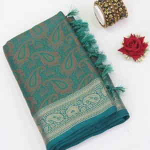 Semi Raw Silk Saree Peacock Green with Purple and Silver