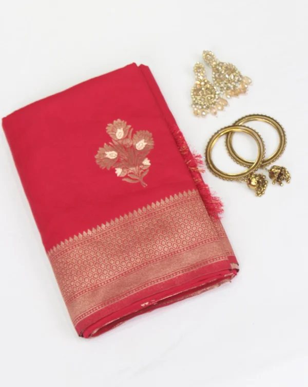 Semi Raw Silk Saree Red with Silver