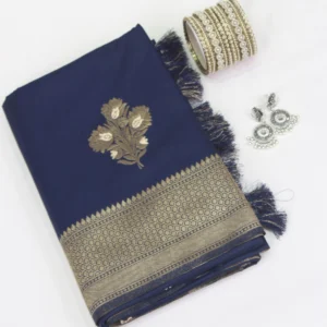 Raw Silk Saree Navy Blue with Silver