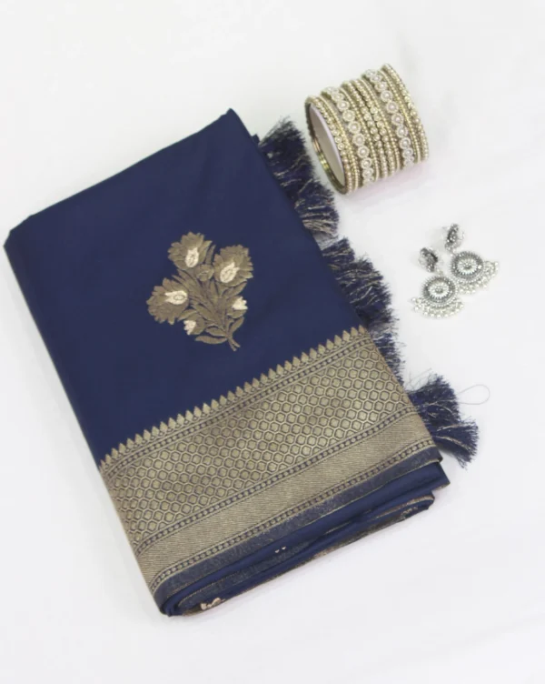 Raw Silk Saree Navy Blue with Silver