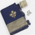 Raw Silk Saree Navy Blue with Silver