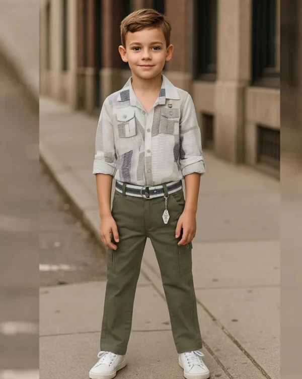 Boy's Full Suit Three Piece Off White with Olive Green