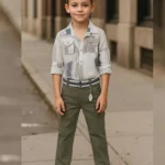 Boy's Full Suit Three Piece Off White with Olive Green