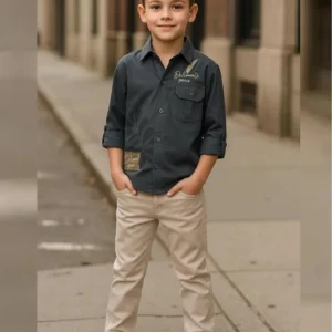 Boy's Full Suit Two Pieces Dk Charcoal Grey with Beige
