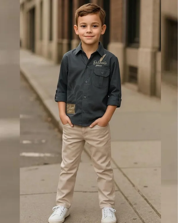 Boy's Full Suit Two Pieces Dk Charcoal Grey with Beige