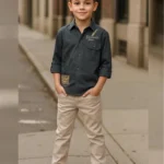 Boy's Full Suit Two Pieces Dk Charcoal Grey with Beige