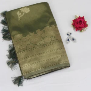Semi Tissue Silk Saree Green with Cream