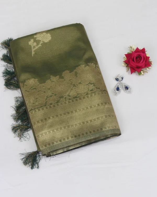 Semi Tissue Silk Saree Green with Cream