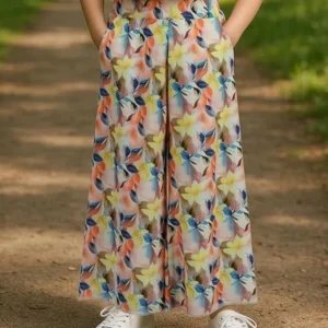 Girls Plazo Rayon Print Pant Peach with Yellow