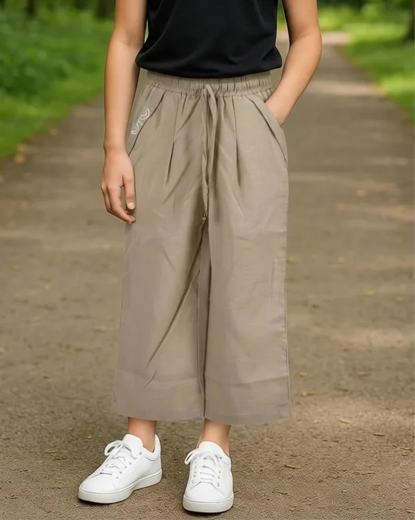 Girl's Plazo Linen Cotton Plain Pant Beige