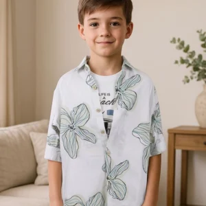 Boy's Premium Slub Shirt White with Lt Blue
