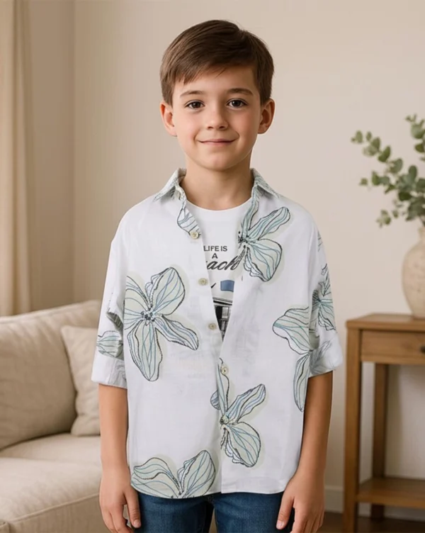Boy's Premium Slub Shirt White with Lt Blue