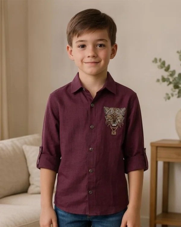 Boy's Premium Cotton Shirt White with Dk Plum