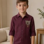 Boy's Premium Cotton Shirt White with Dk Plum