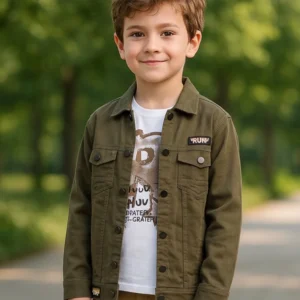 Boy's Premium Denim Shirt White with Olive Green