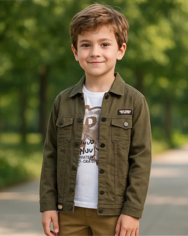 Boy's Premium Denim Shirt White with Olive Green