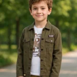 Boy's Premium Denim Shirt White with Olive Green